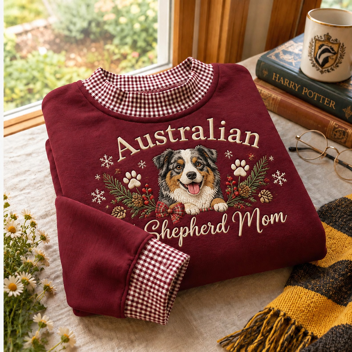 Australian Shepherd Mom Gingham Sweatshirt Ln, Canine Lover Gift Apparel