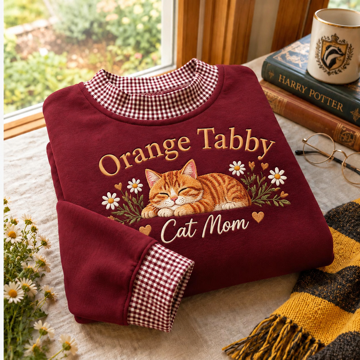 Orange Tabby Cat Mom Gingham Sweatshirt Ln, Cotton Casual Wear Gift