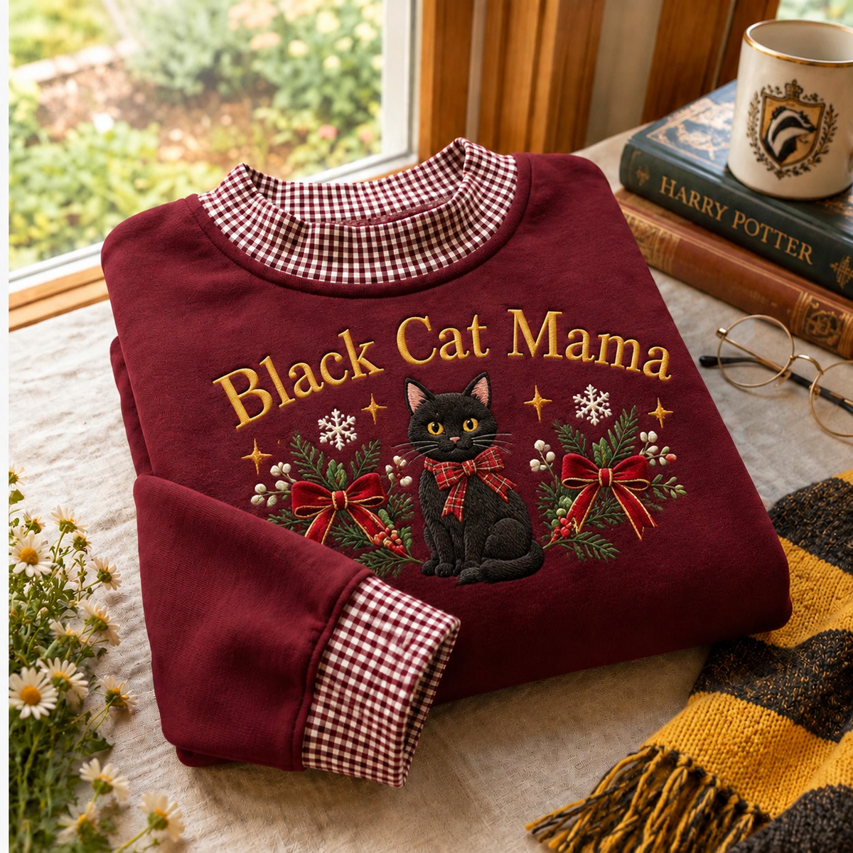 Black Cat Mama Gingham Sweatshirt Ln, Cotton Casual Wear Gift
