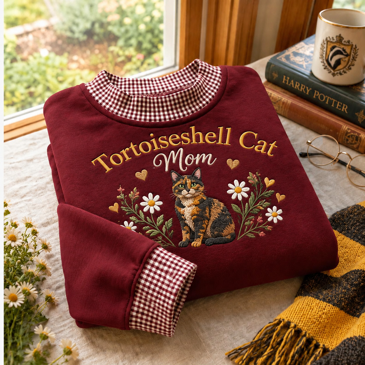 Tortoiseshell Cat Mom Gingham Sweatshirt Ln, Cotton Casual Wear Gift
