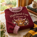Highland Cow Mama Gingham Sweatshirt Ln, Cotton Casual Wear Gift