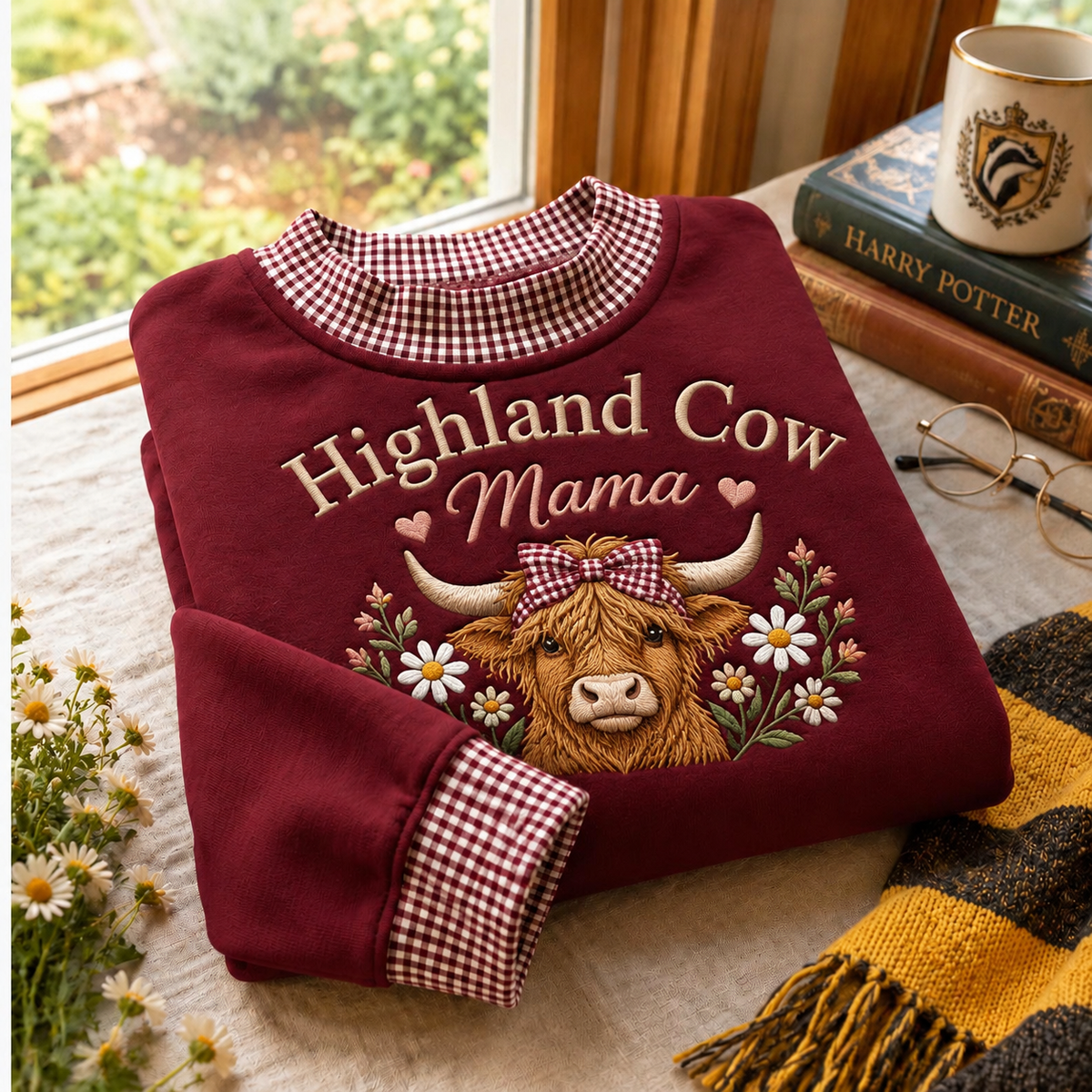 Highland Cow Mama Gingham Sweatshirt Ln, Cotton Casual Wear Gift