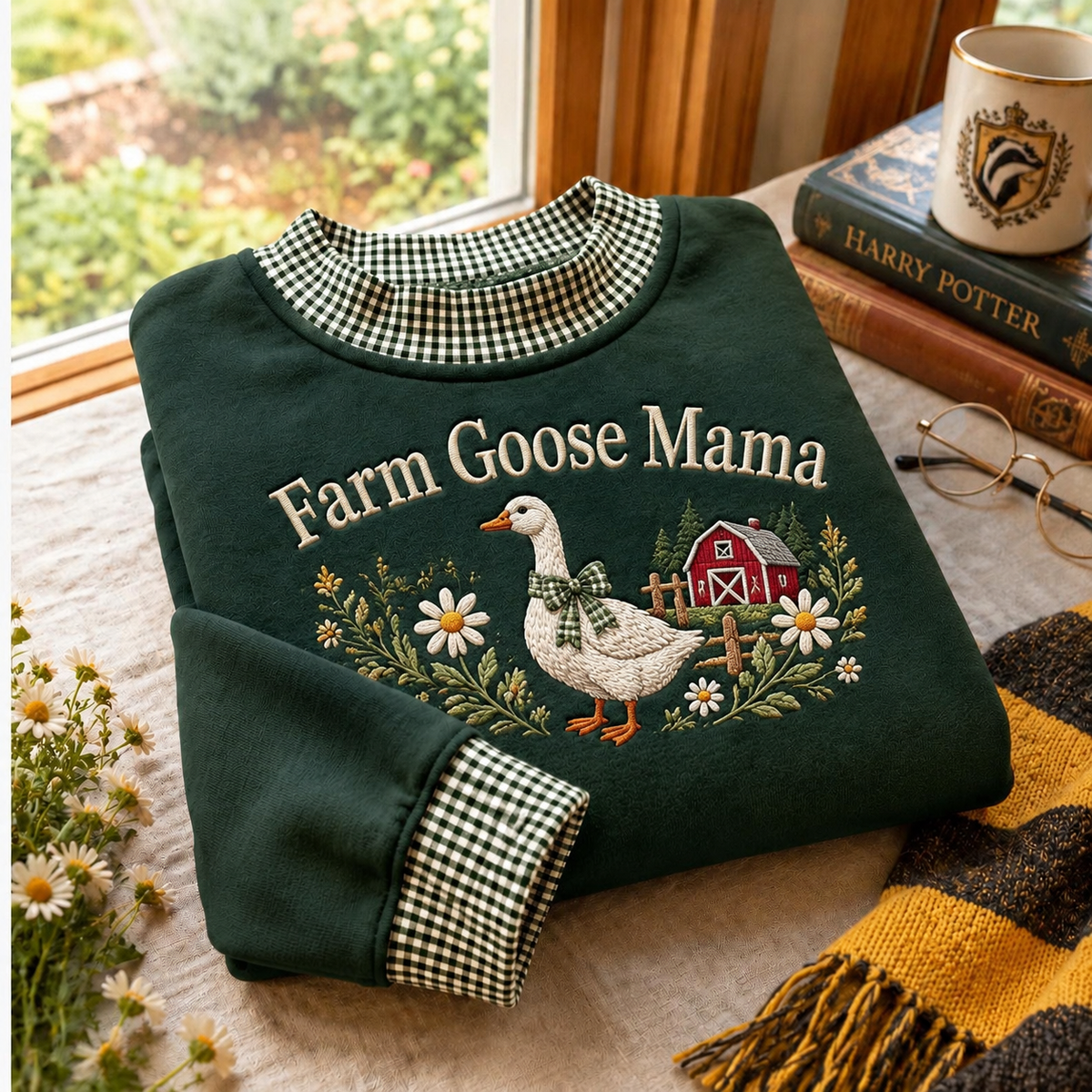 Farm Goose Mama Gingham Sweatshirt Ln, Cotton Casual Wear Gift