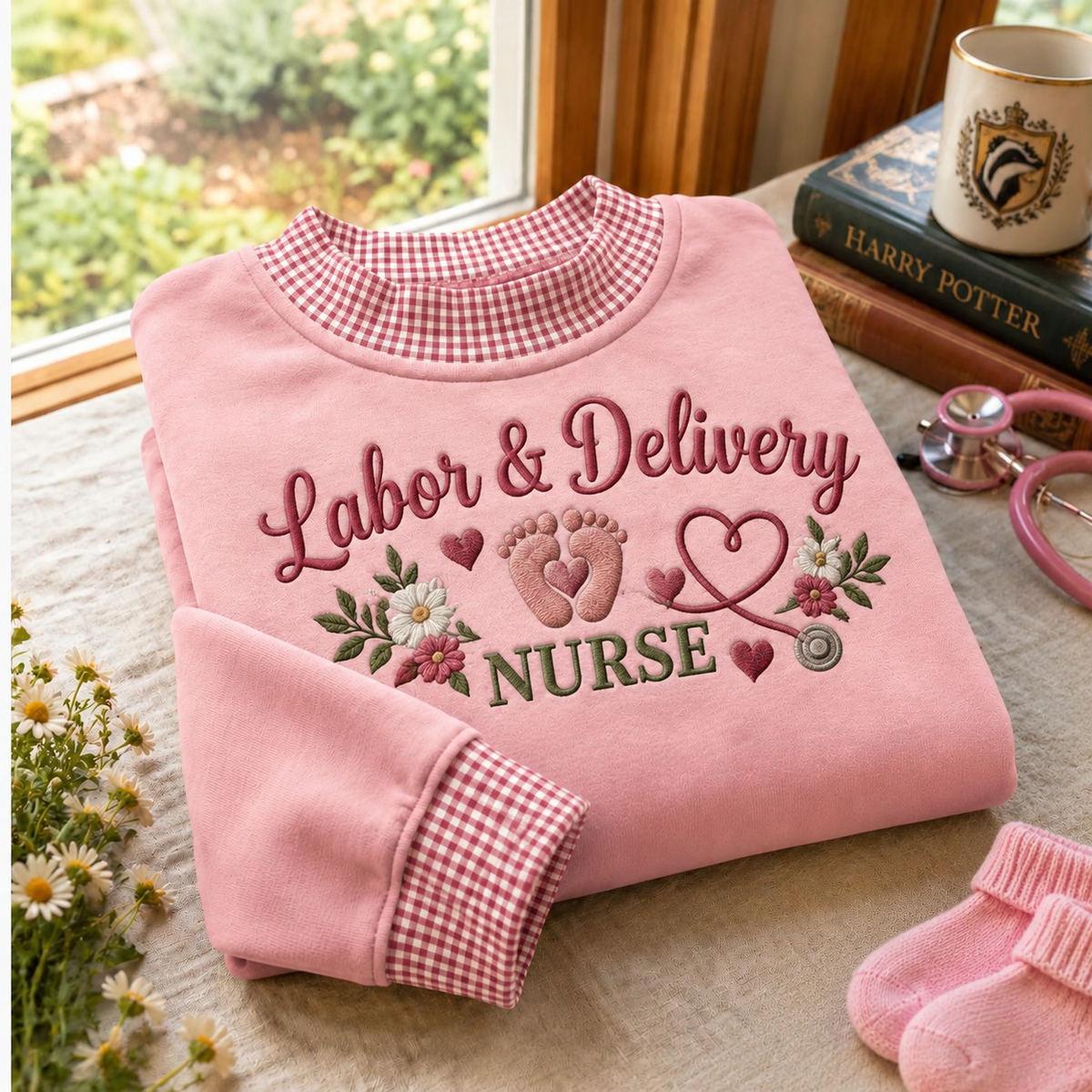 Gingham Sweatshirt LN, Labor And Delivery Nurse , Cotton Blend For Maternity Ward Shifts