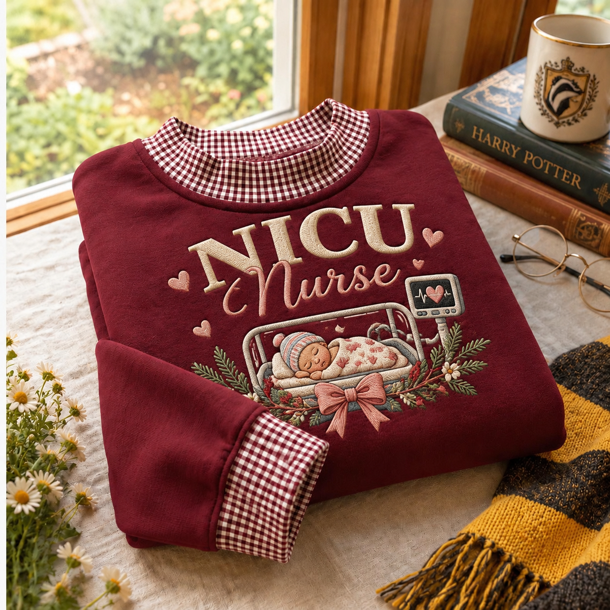 Gingham Sweatshirt LN, NICU Nurse , Cotton Blend For Neonatal Intensive Care Teams
