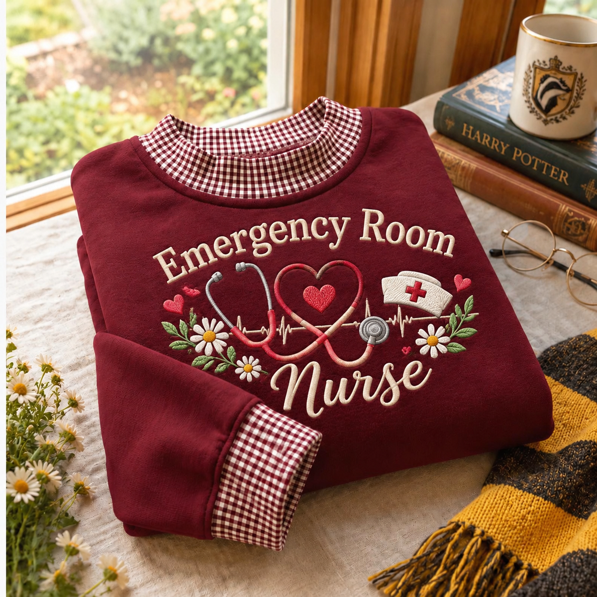 Gingham Sweatshirt LN, Emergency Room Nurse , Cotton Blend For Hospital Shift Wear