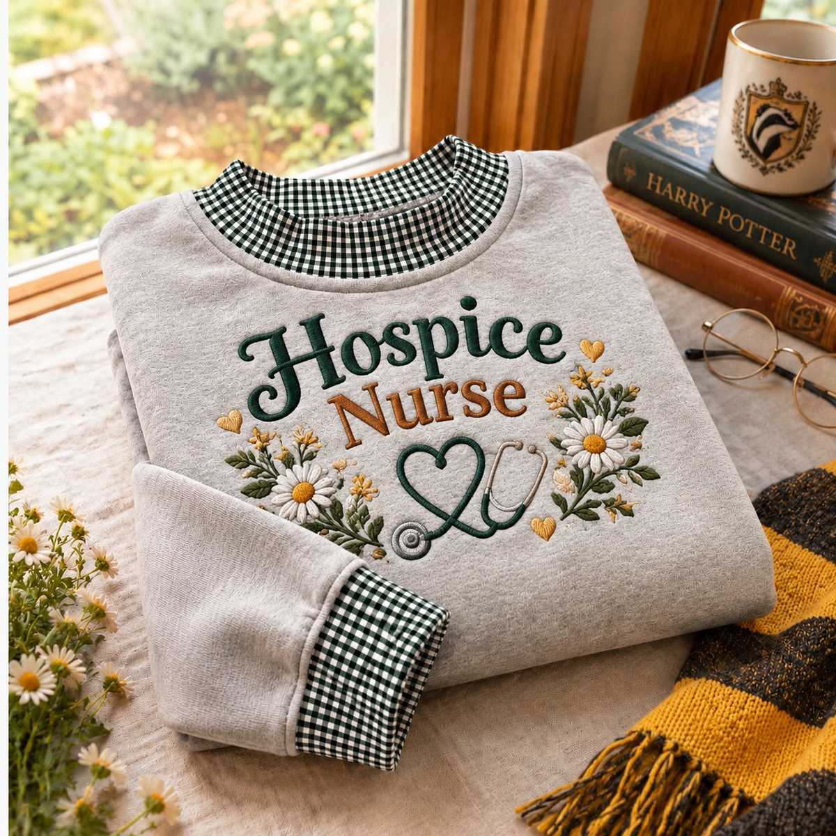 Gingham Sweatshirt LN, Hospice Nurse , Cotton Blend For Compassionate Care Professionals