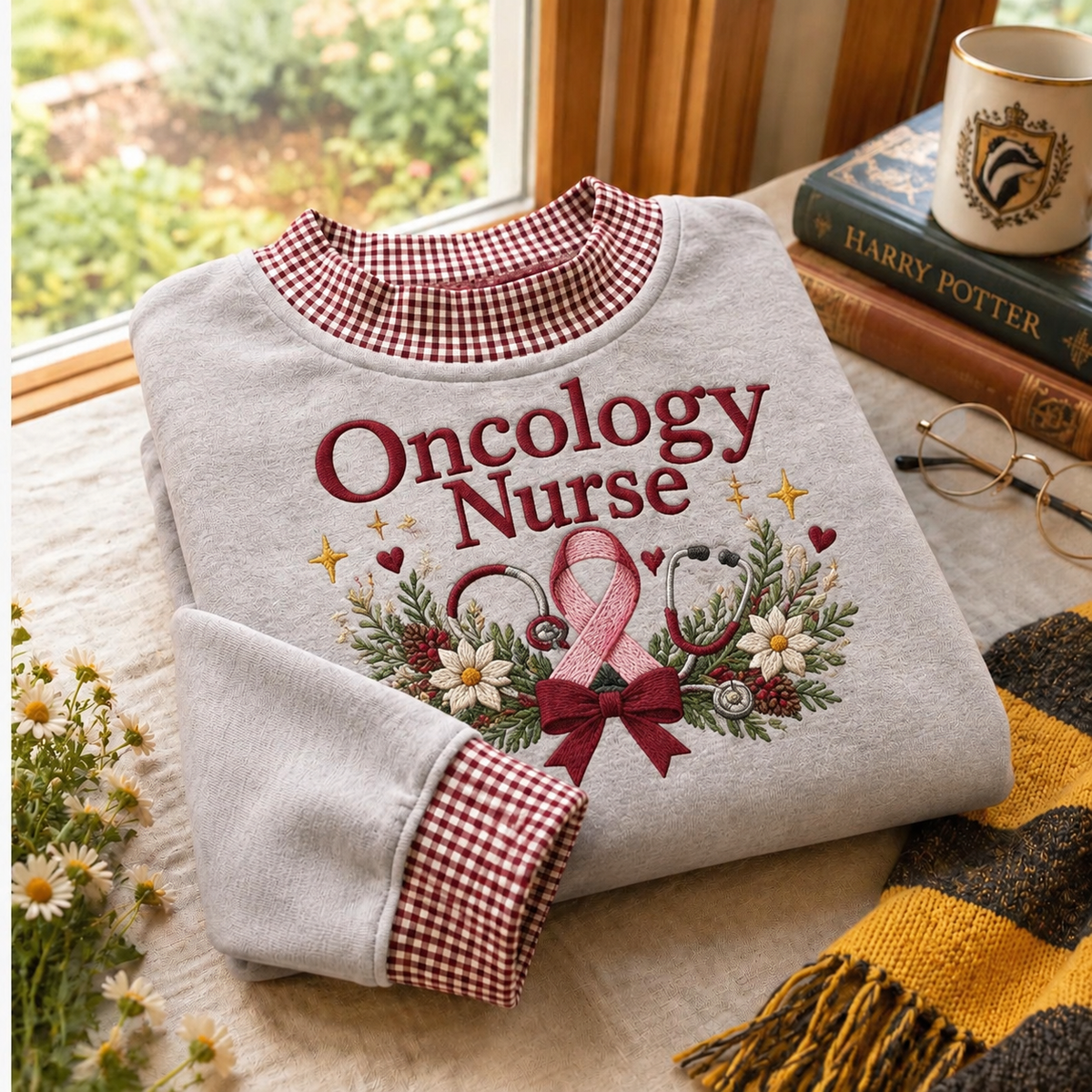 Gingham Sweatshirt LN, Oncology Nurse , Cotton Blend For Cancer Care Team Apparel