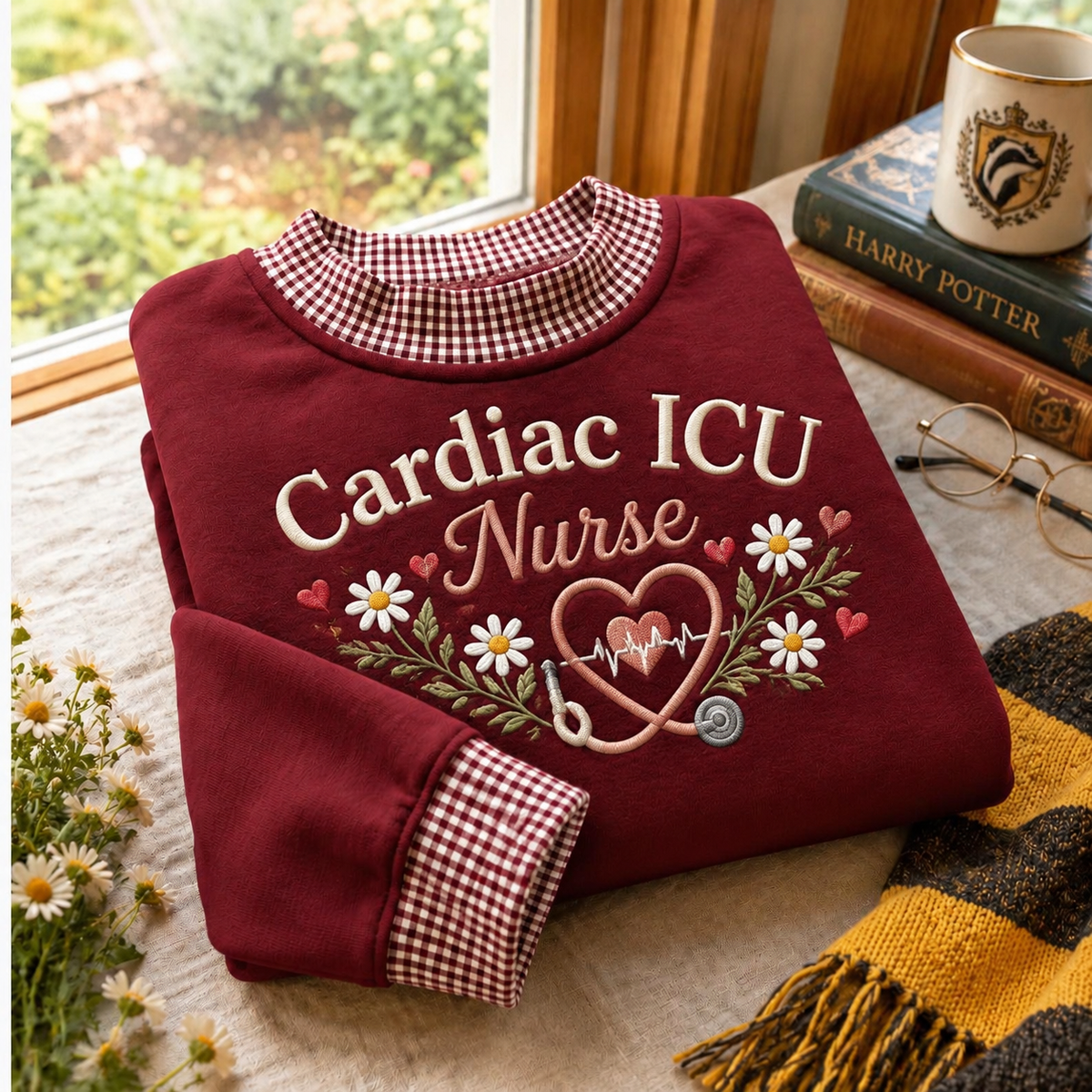 Gingham Sweatshirt LN, Cardiac ICU Nurse , Cotton Blend For Heart Care Specialists
