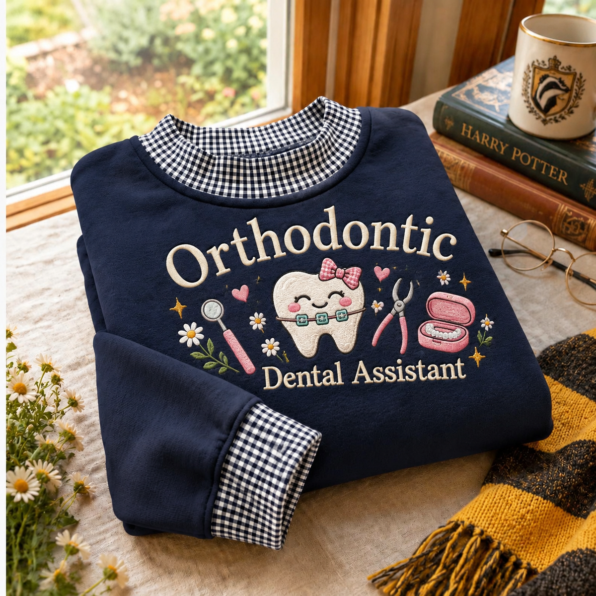 Gingham Sweatshirt LN, Orthodontic Dental Assistant , Cotton Blend For Braces Clinic Staff