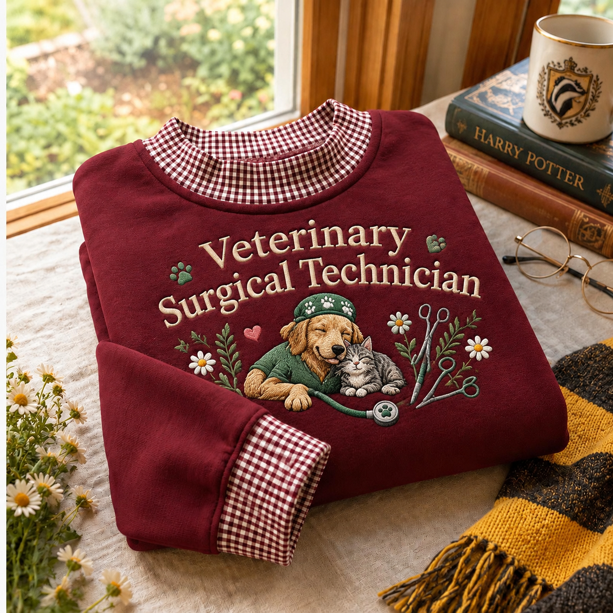 Gingham Sweatshirt LN, Veterinary Surgical Technician , Cotton Blend For Animal Surgery Teams