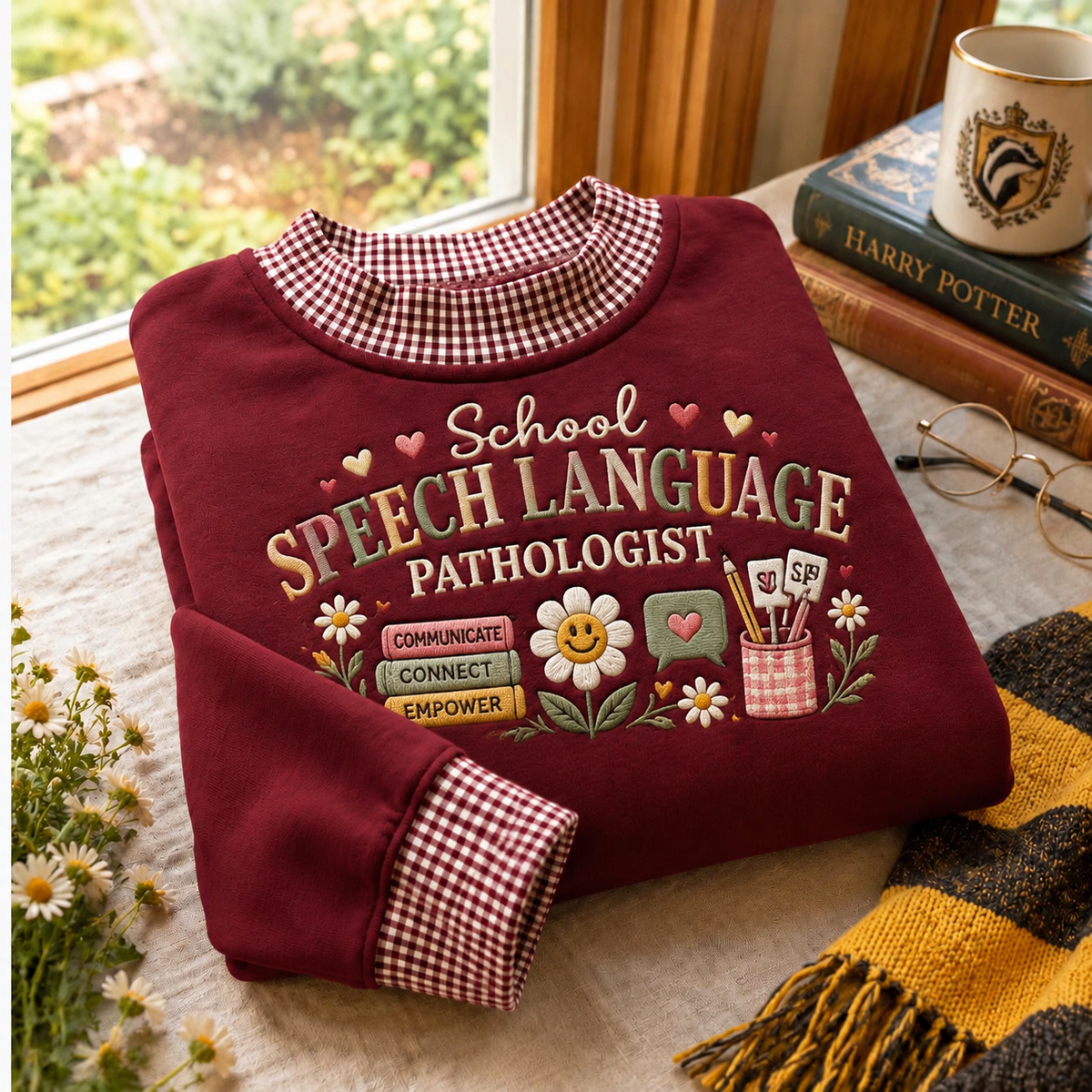 Gingham Sweatshirt LN, School Speech Language Pathologist , Cotton Blend For Education Professionals