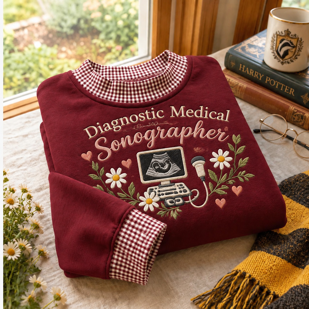 Gingham Sweatshirt LN, Diagnostic Medical Sonographer , Cotton Blend For Ultrasound Clinic Wear
