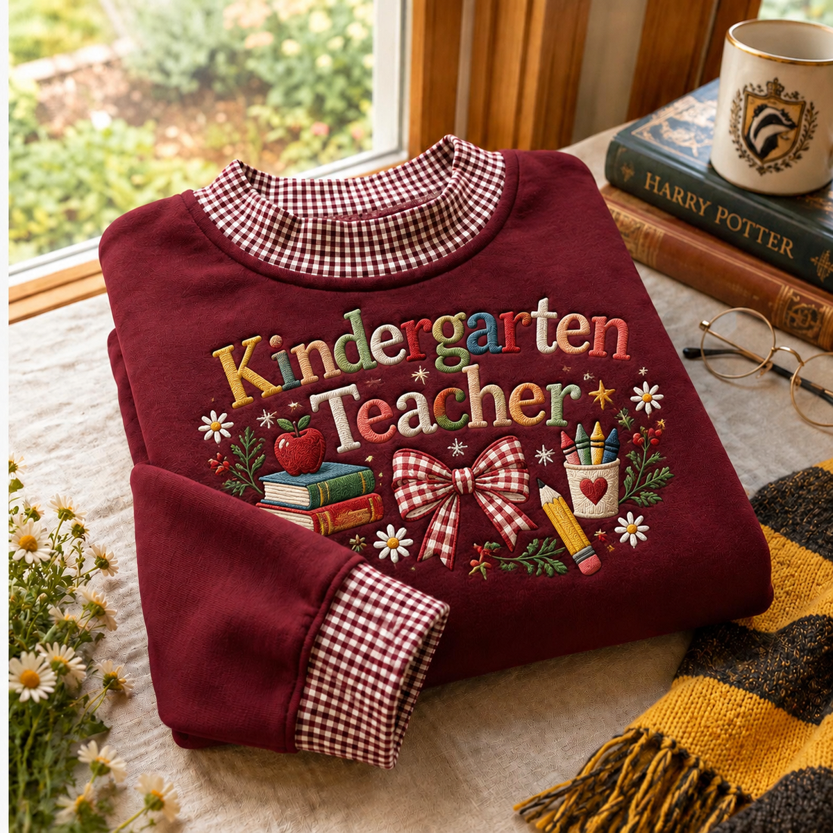 Kindergarten Teacher Gingham Sweatshirt LN, Soft Cotton Blend Pullover for Classroom Style and Back to School