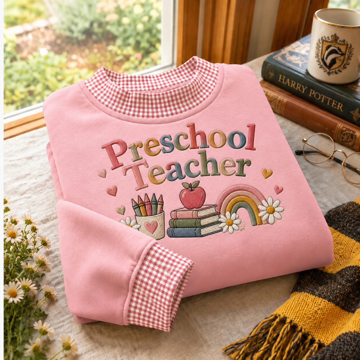 Preschool Teacher Gingham Sweatshirt LN, Cozy Cotton Blend Pullover for Early Childhood Educators