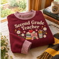Second Grade Teacher Gingham Sweatshirt LN, Cozy Cotton Blend Pullover for Elementary Classroom Style