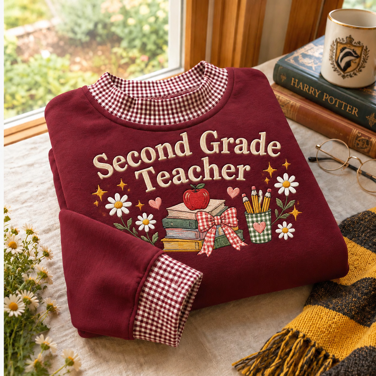 Second Grade Teacher Gingham Sweatshirt LN, Cozy Cotton Blend Pullover for Elementary Classroom Style