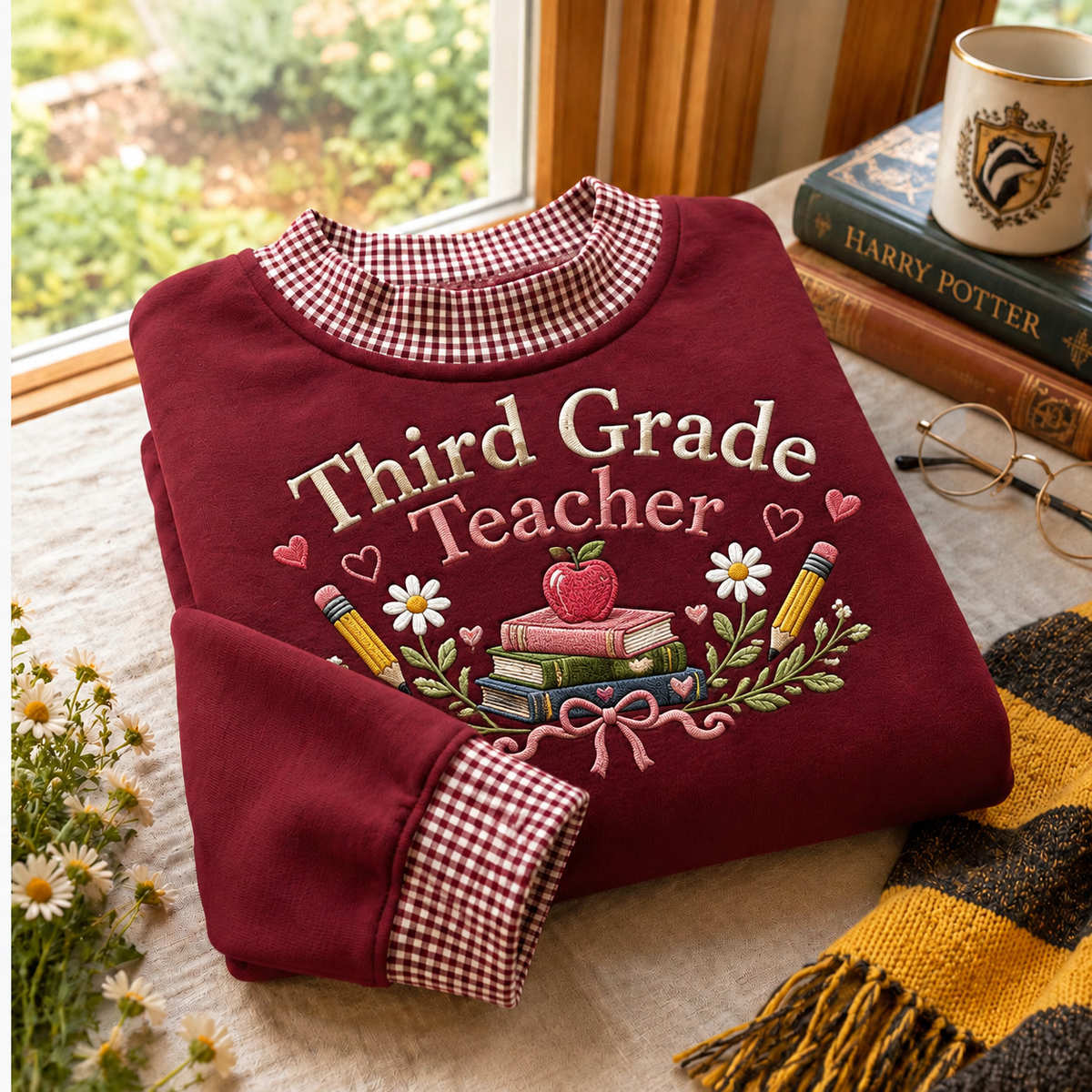 Third Grade Teacher Gingham Sweatshirt LN, Soft Cotton Blend Pullover for Elementary Educator Outfits