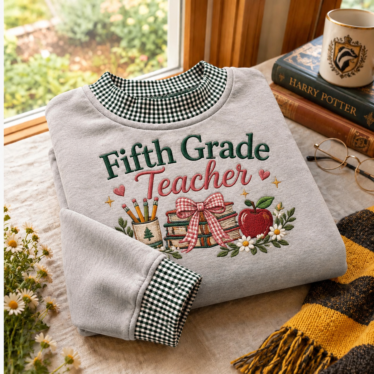 Fifth Grade Teacher Gingham Sweatshirt LN, Soft Cotton Blend Pullover for School Outfits and Classroom Comfort