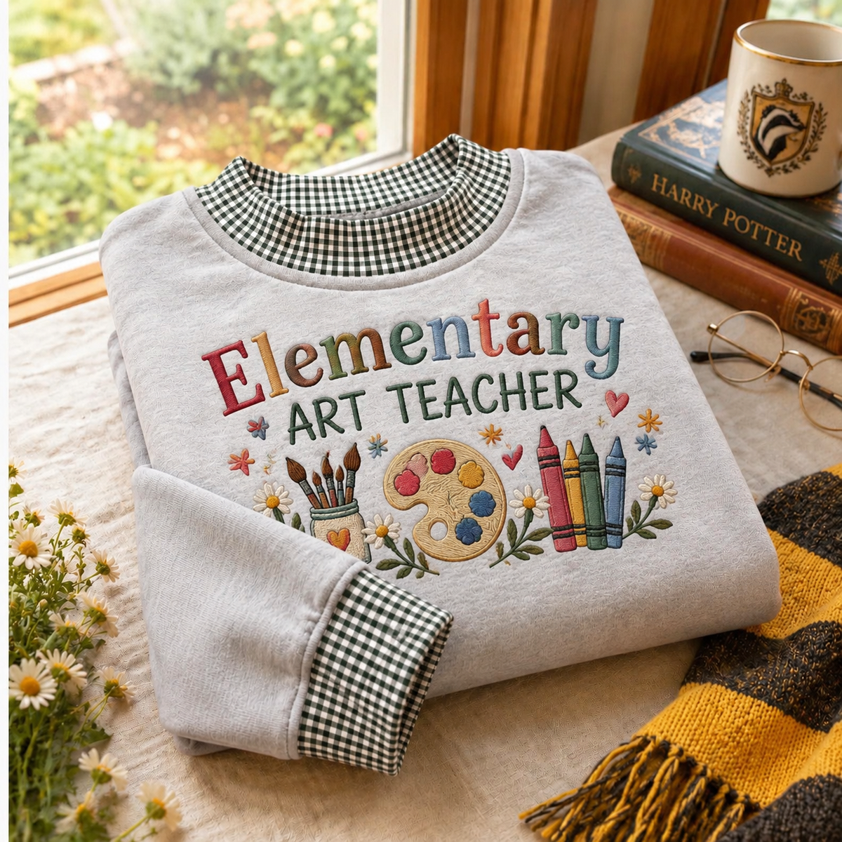 Elementary Art Teacher Gingham Sweatshirt LN, Cozy Cotton Blend Pullover for Creative Classroom Outfits