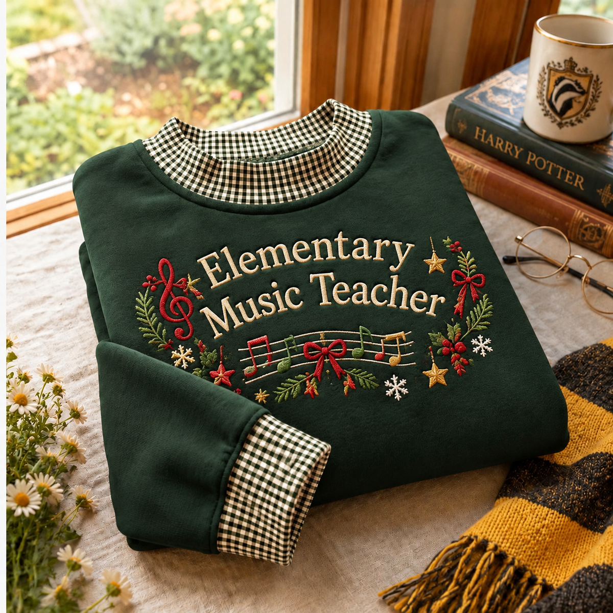 Elementary Music Teacher Gingham Sweatshirt LN, Soft Cotton Blend Pullover for Classroom Lessons and School Style