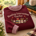 Reading Intervention Teacher Gingham Sweatshirt LN, Cozy Cotton Blend Pullover for Literacy Educator Gifts