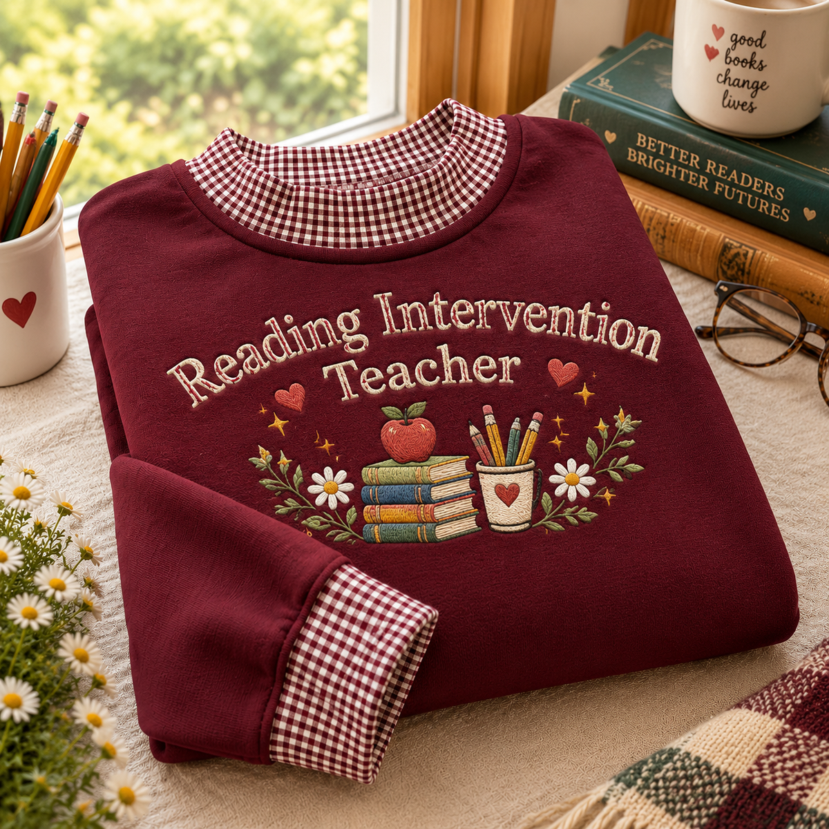 Reading Intervention Teacher Gingham Sweatshirt LN, Cozy Cotton Blend Pullover for Literacy Educator Gifts