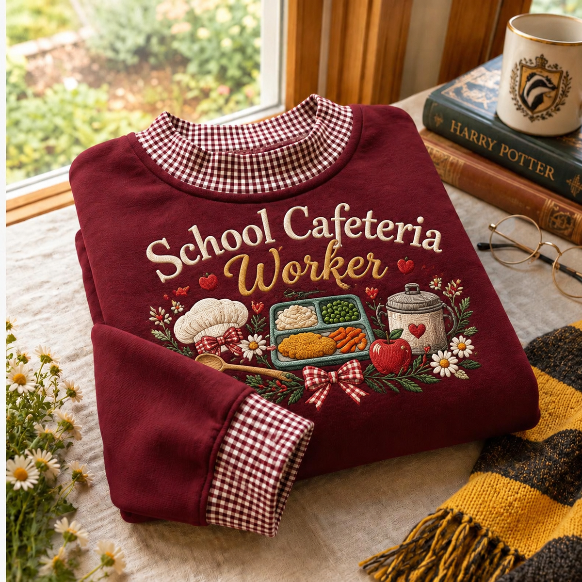 School Cafeteria Worker Gingham Sweatshirt LN, Cozy Cotton Blend Pullover for Lunchroom Staff Appreciation