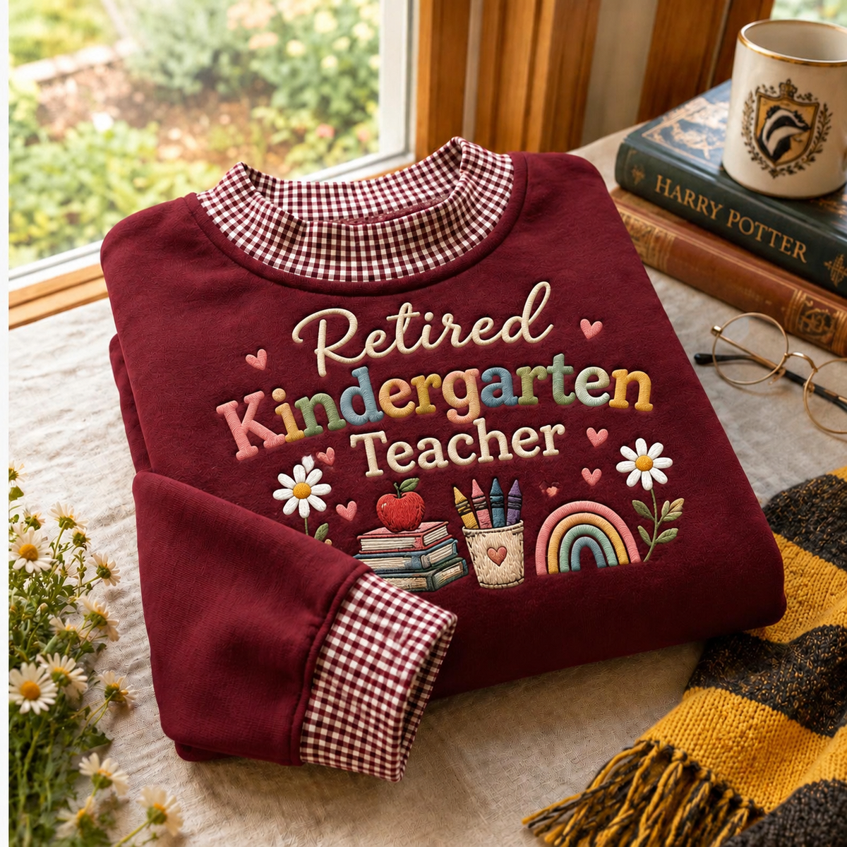 Retired Kindergarten Teacher Gingham Sweatshirt LN, Cozy Cotton Blend Pullover for Educator Retirement Gifts