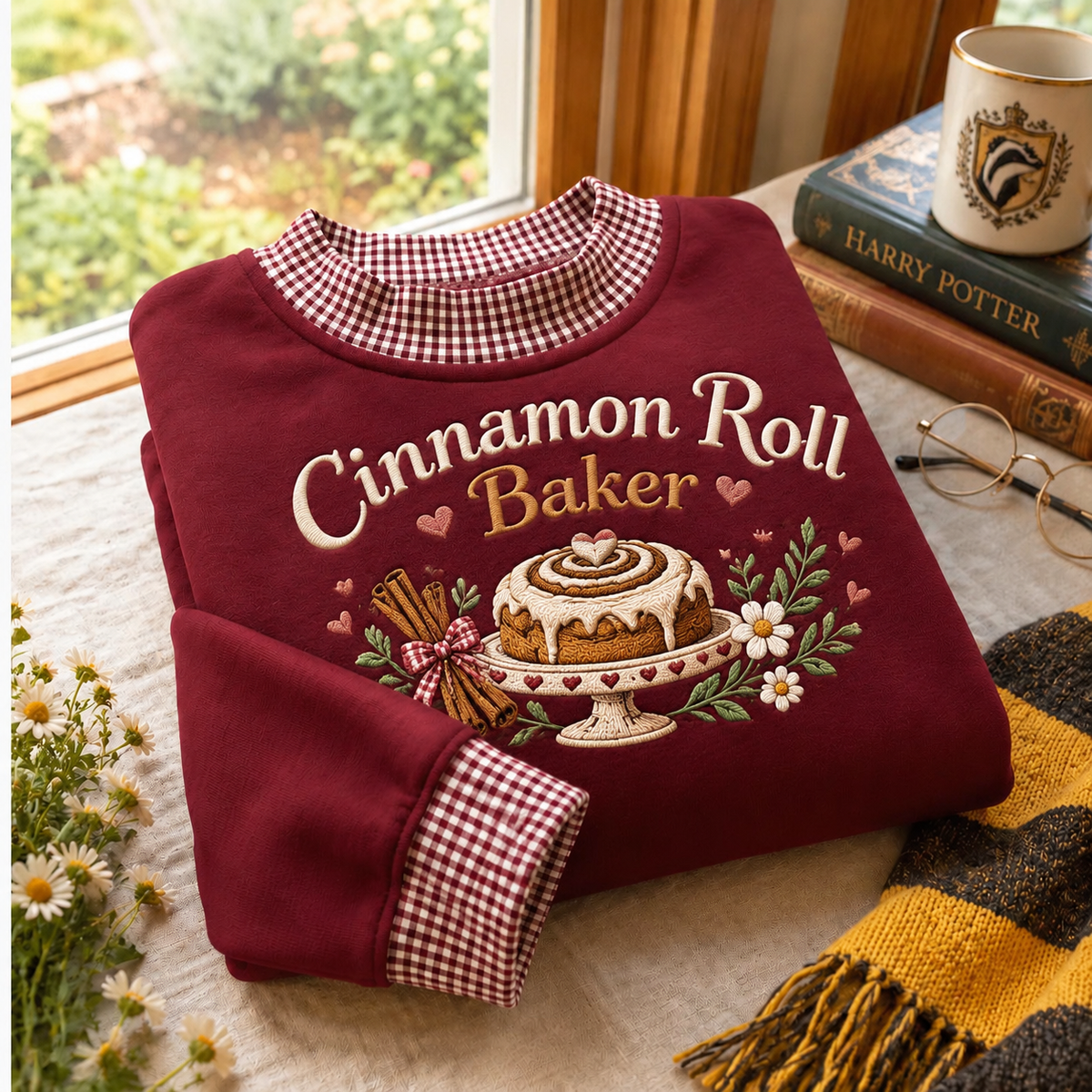 Cinnamon Roll Baker Gingham Sweatshirt LN, Sweet Pastry Baking Gift