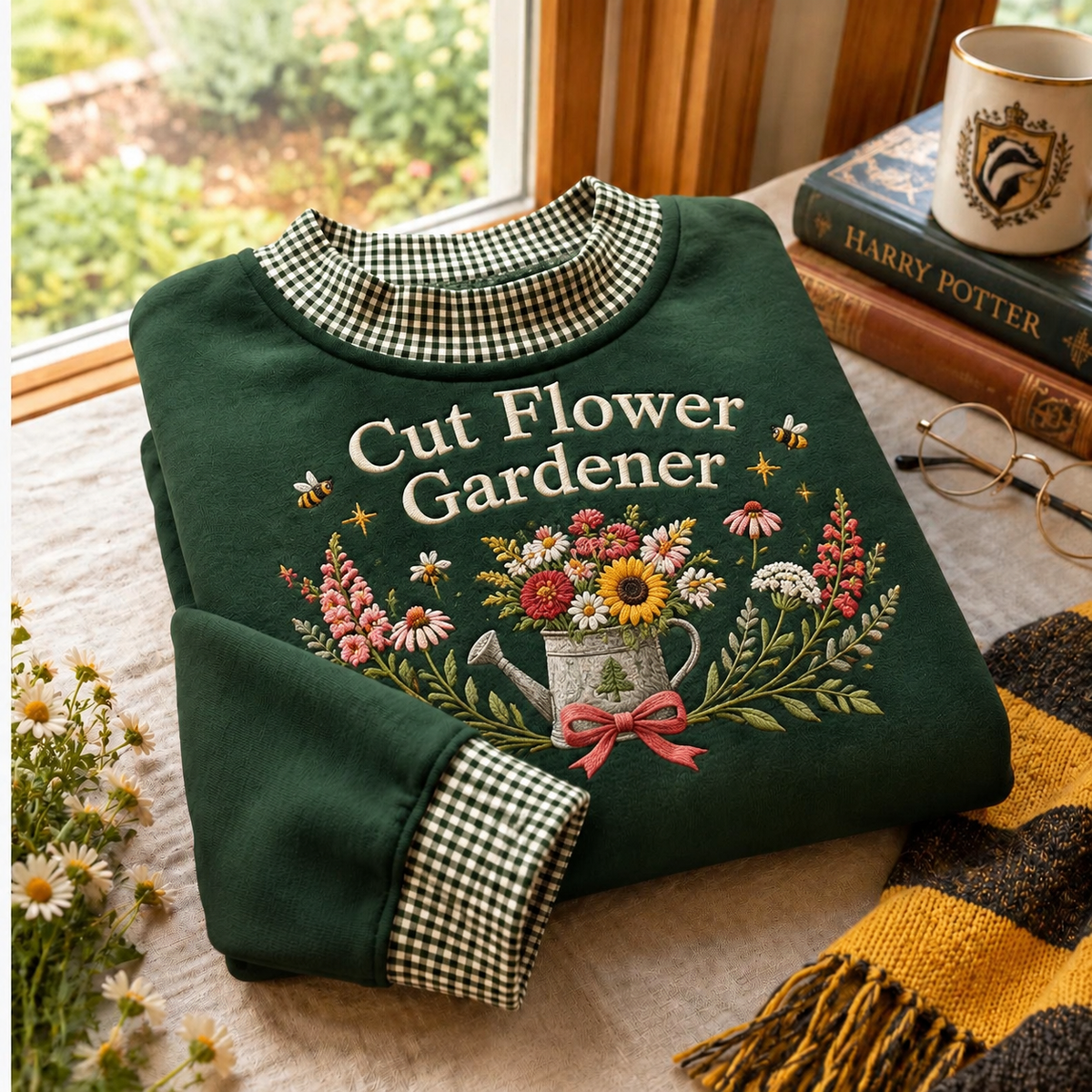 Cut Flower Gardener Gingham Sweatshirt LN, Fresh Bouquet Growing Gift