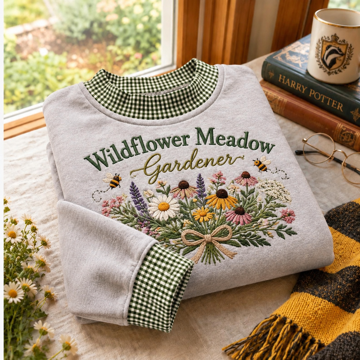 Gingham Sweatshirt LN Wildflower Meadow Gardener, Soft Cotton Blend Pullover for Nature Lovers