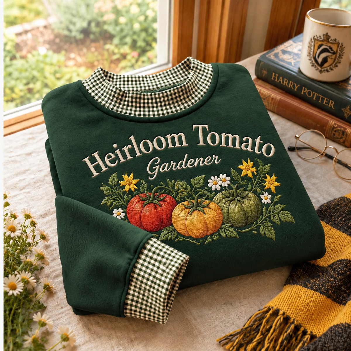 Heirloom Tomato Gardener Gingham Sweatshirt LN, Organic Vegetable Growing Gift