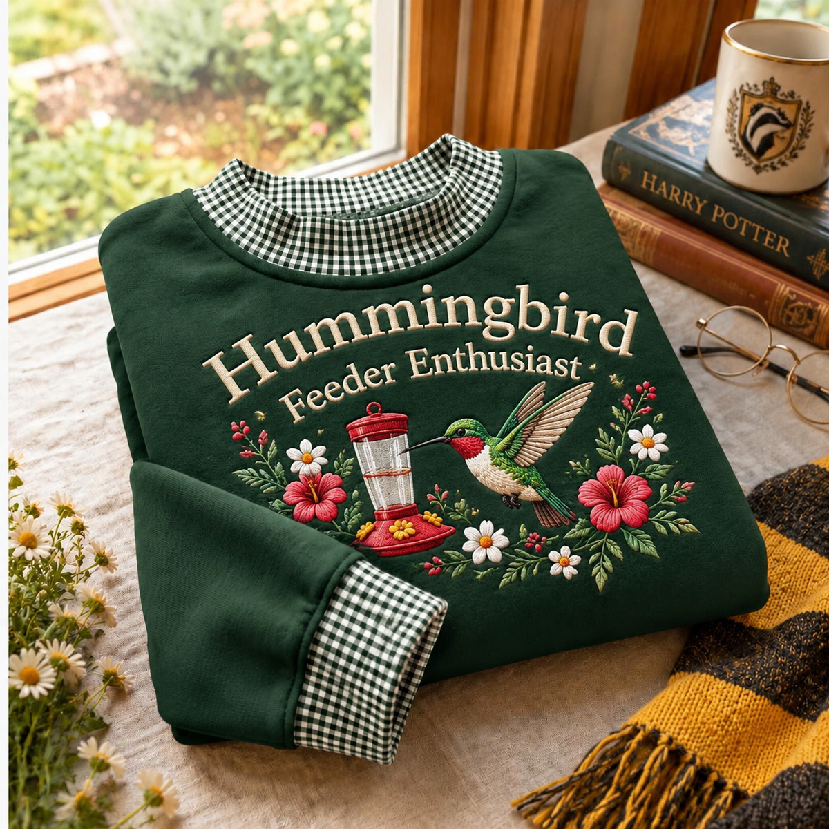 Hummingbird Feeder Enthusiast Gingham Sweatshirt LN, Birdwatching Nature Gift