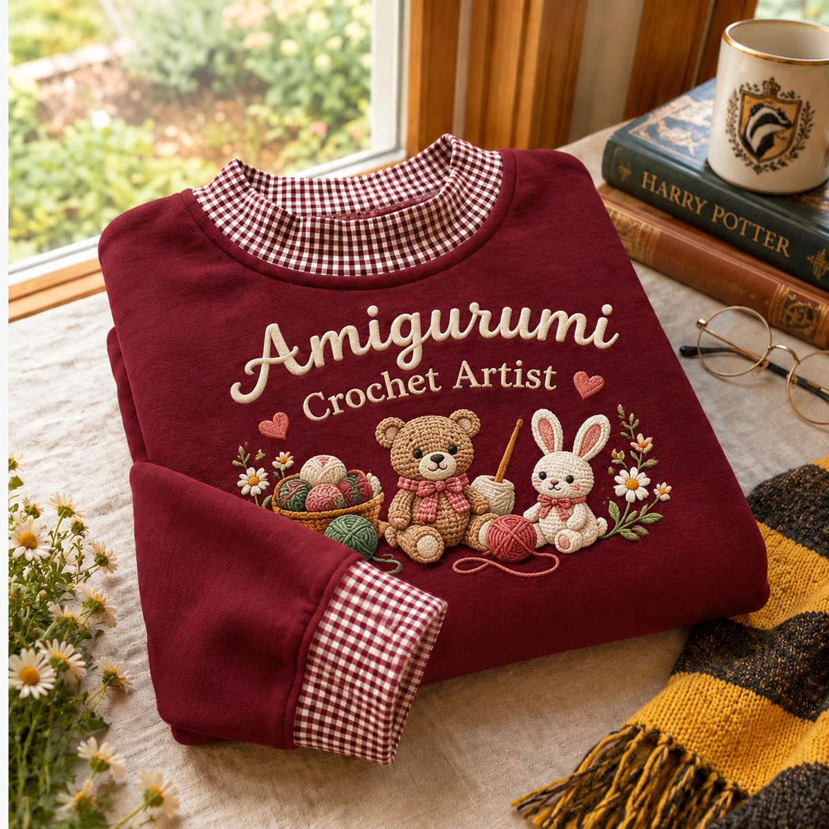 Gingham Sweatshirt LN Amigurumi Crochet Artist, Cozy Cotton Blend Pullover for Handmade Craft Lovers