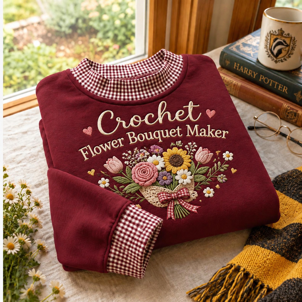 Gingham Sweatshirt LN Crochet Flower Bouquet Maker, Soft Cotton Blend Pullover for Creative Crafters