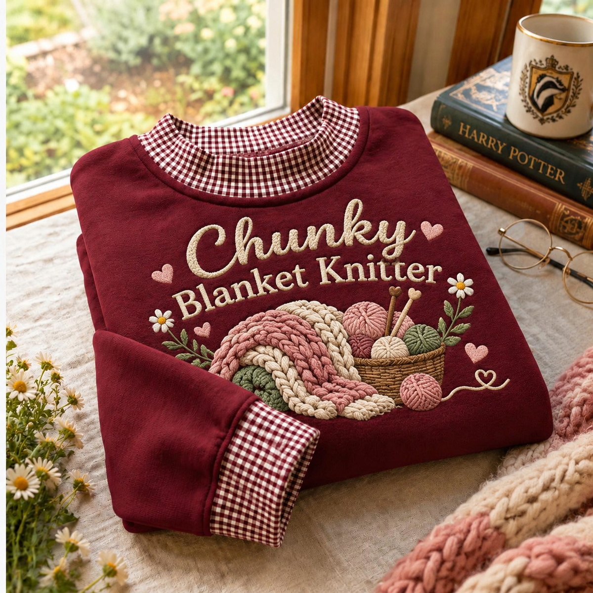 Gingham Sweatshirt LN Chunky Blanket Knitter, Soft Cotton Blend Pullover for Cozy Yarn Craft Lovers