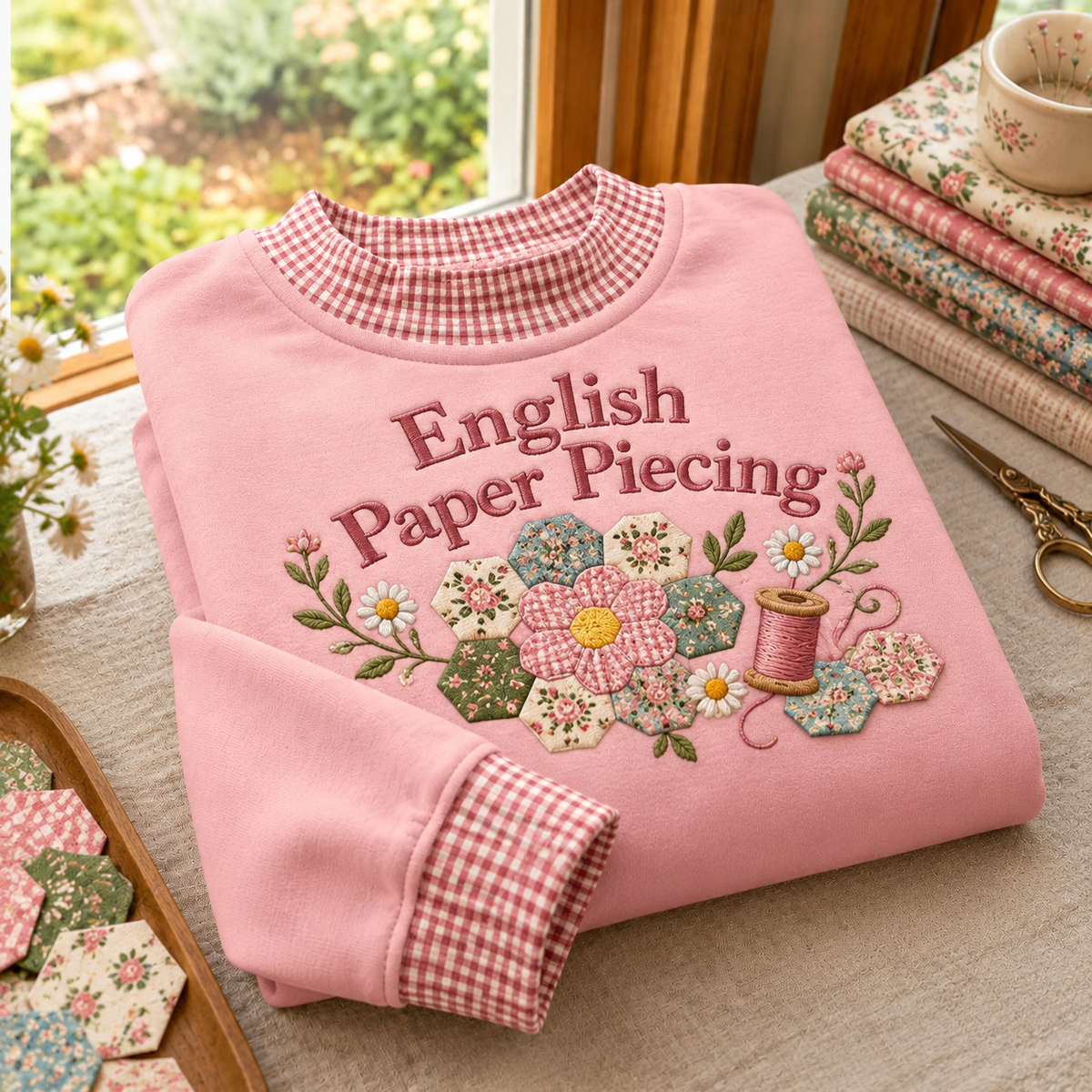 English Paper Piecing Quilter Gingham Sweatshirt LN, Sewing Craft Apparel