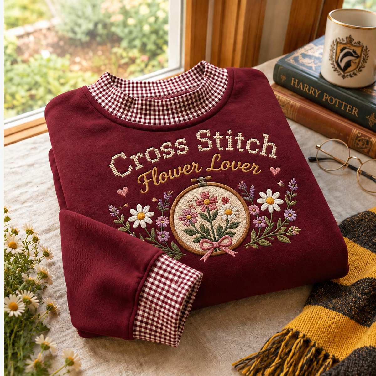 Cross Stitch Flower Lover Gingham Sweatshirt LN, Embroidery Craft Apparel