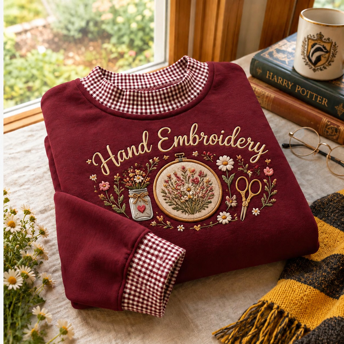 Hand Embroidery Flower Artist Gingham Sweatshirt LN, Botanical Needlework Apparel