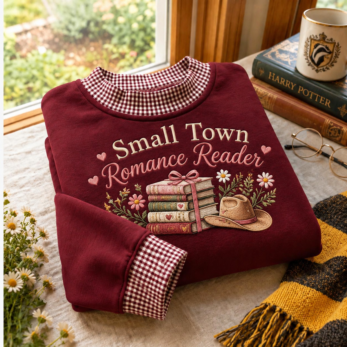 Small Town Romance Reader Gingham Sweatshirt LN, Cozy Fiction Apparel