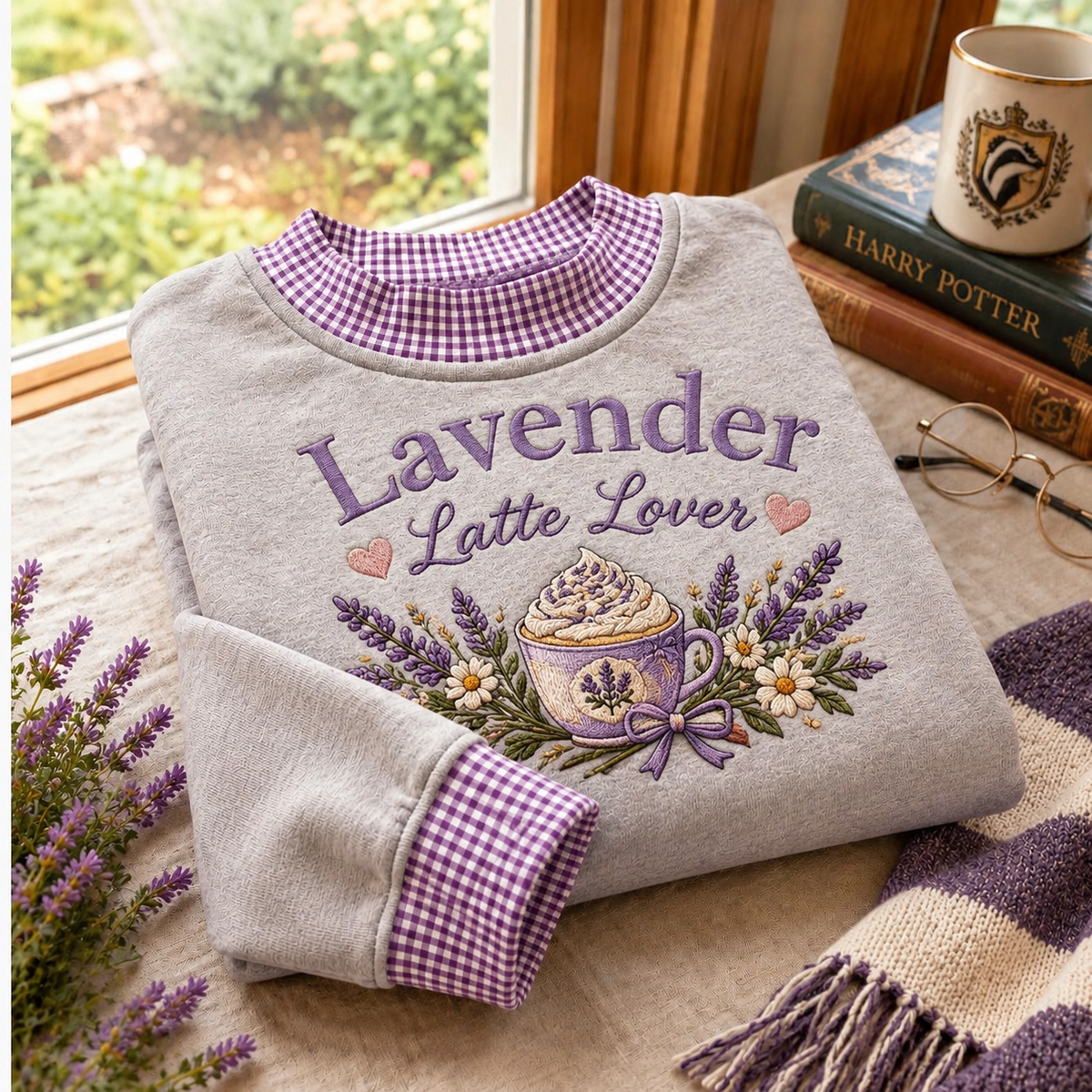 Lavender Latte Gingham Sweatshirt Ln, Floral Cafe Style