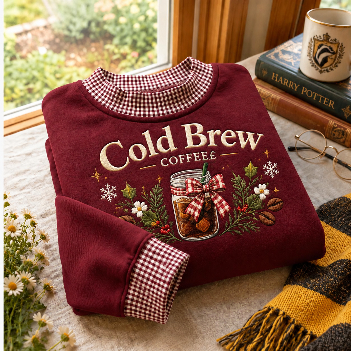 Cold Brew Gingham Sweatshirt Ln, Coffeehouse Casual Style