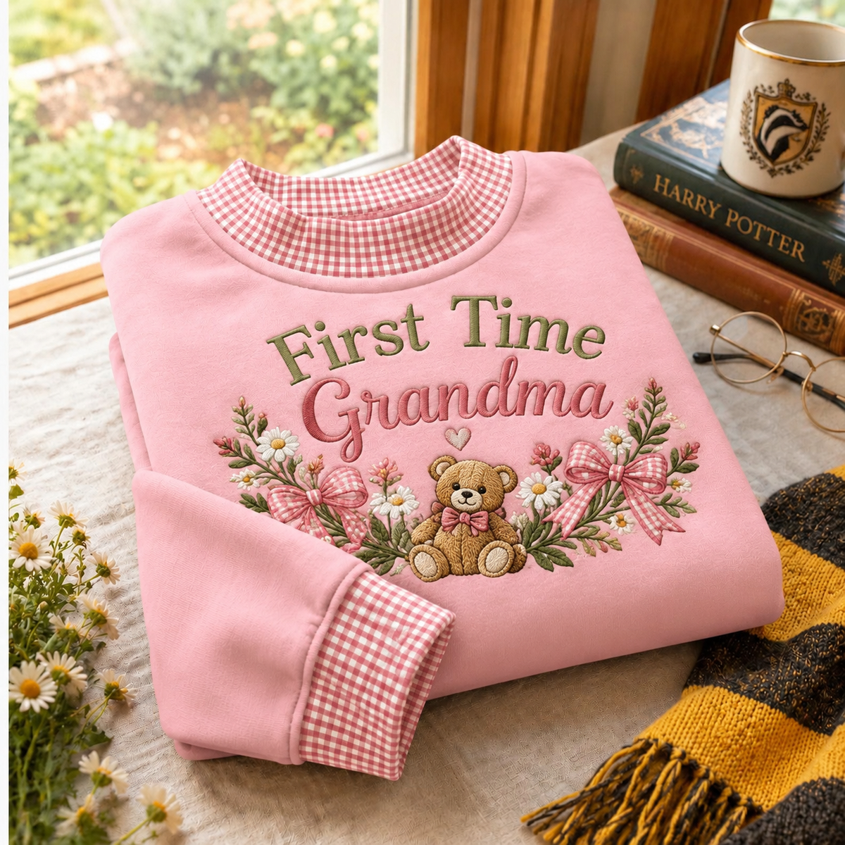 Gingham Sweatshirt LN First Time Grandma, Cozy Cotton Blend Pullover for New Grandmother Announcement Gift