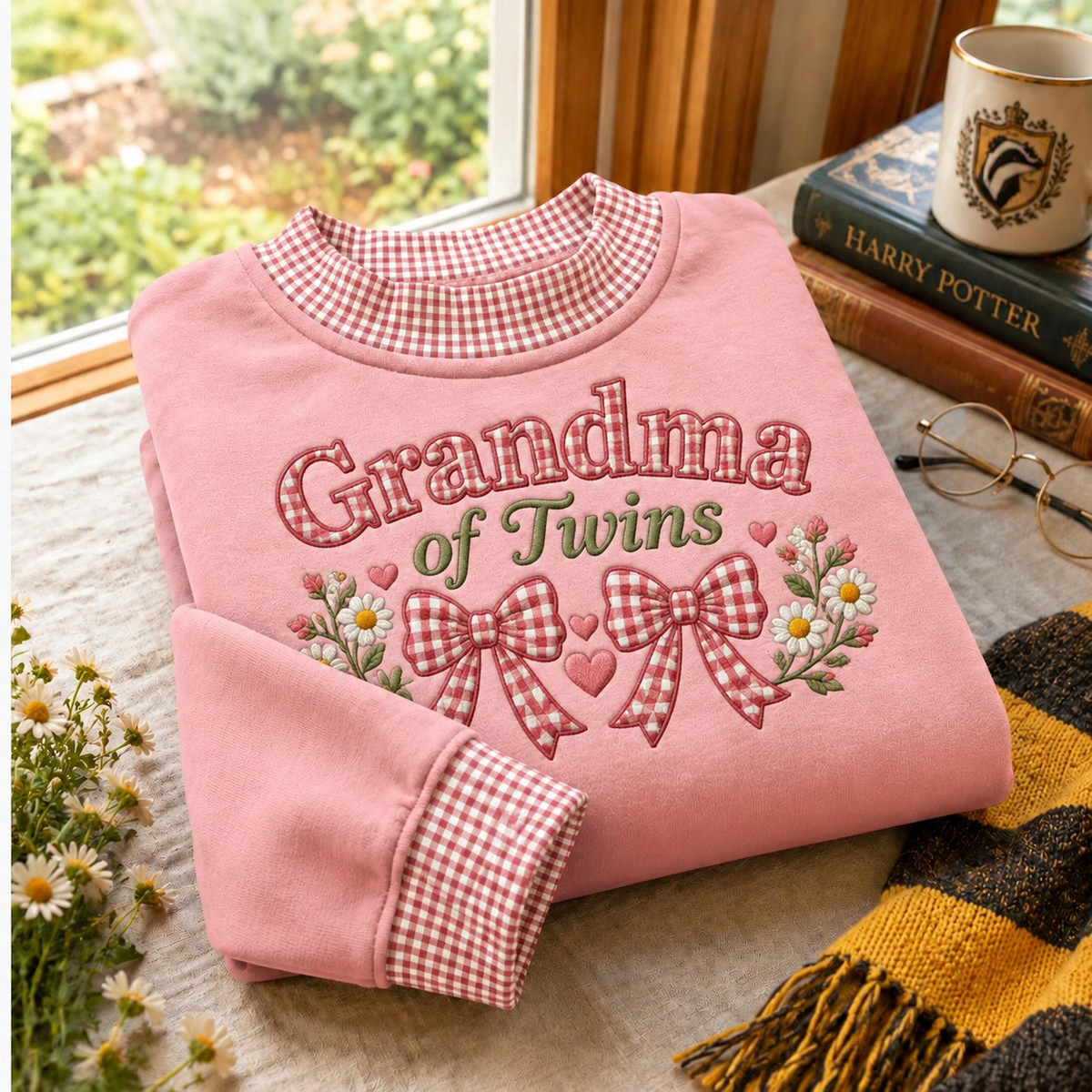 Gingham Sweatshirt LN Grandma of Twins, Soft Cotton Blend Pullover for Proud Grandmothers and Family Celebrations
