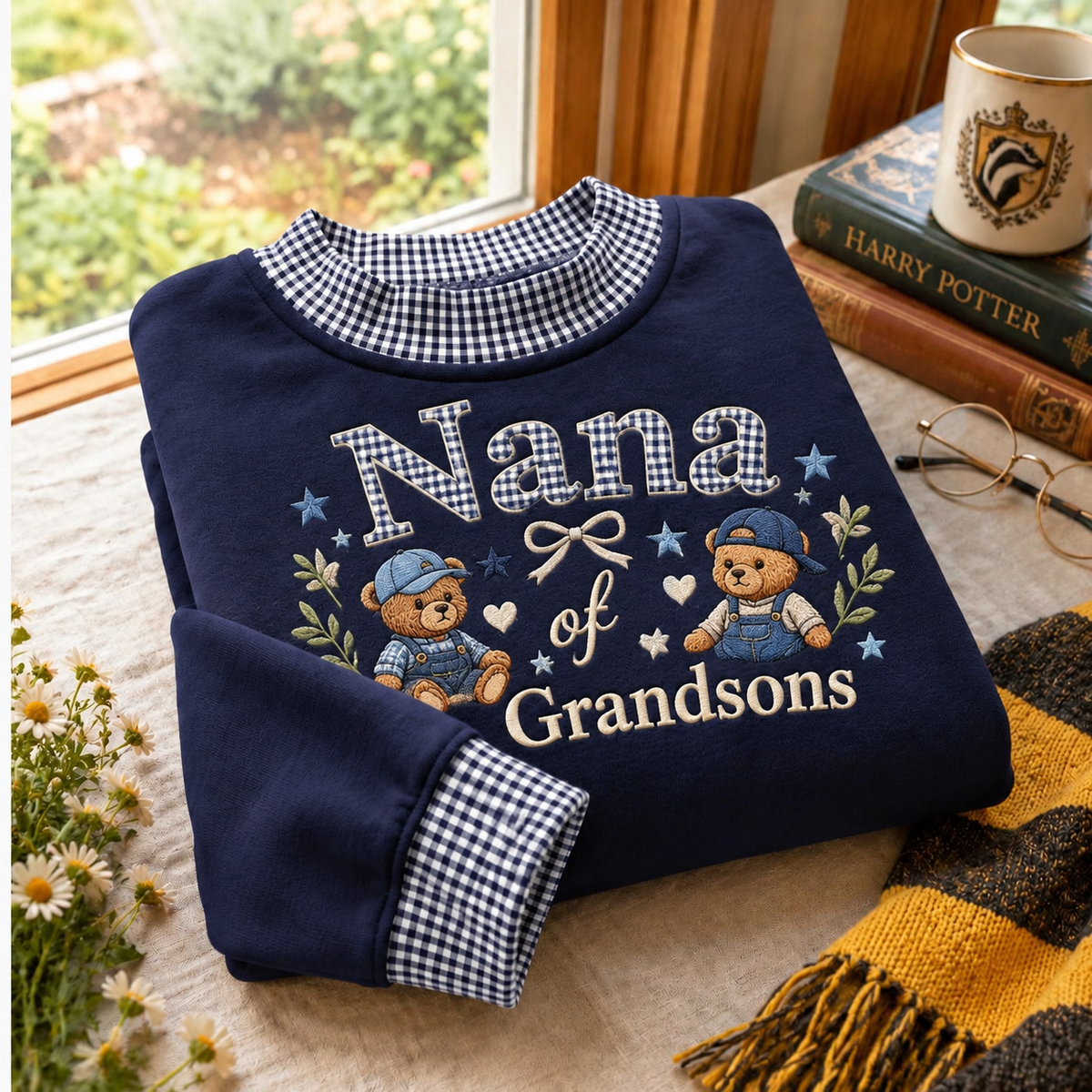 Gingham Sweatshirt LN Nana of Grandsons, Soft Cotton Blend Pullover for Proud Grandmothers and Family Gatherings