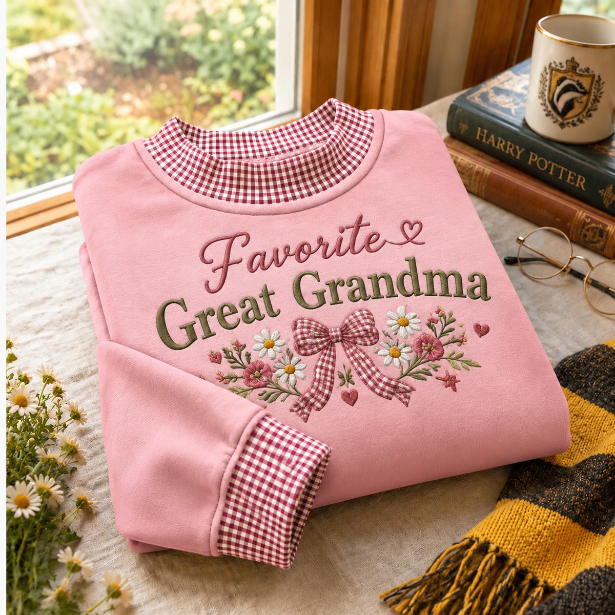 Gingham Sweatshirt LN Favorite Great Grandma, Soft Cotton Blend Pullover for Grandmother Birthday Gift