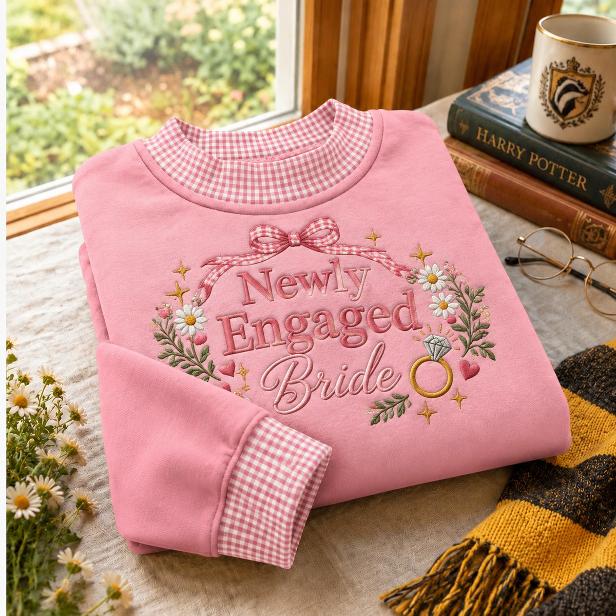 Gingham Sweatshirt LN Newly Engaged Bride, Cozy Cotton Blend Pullover for Wedding Planning and Bridal Celebrations