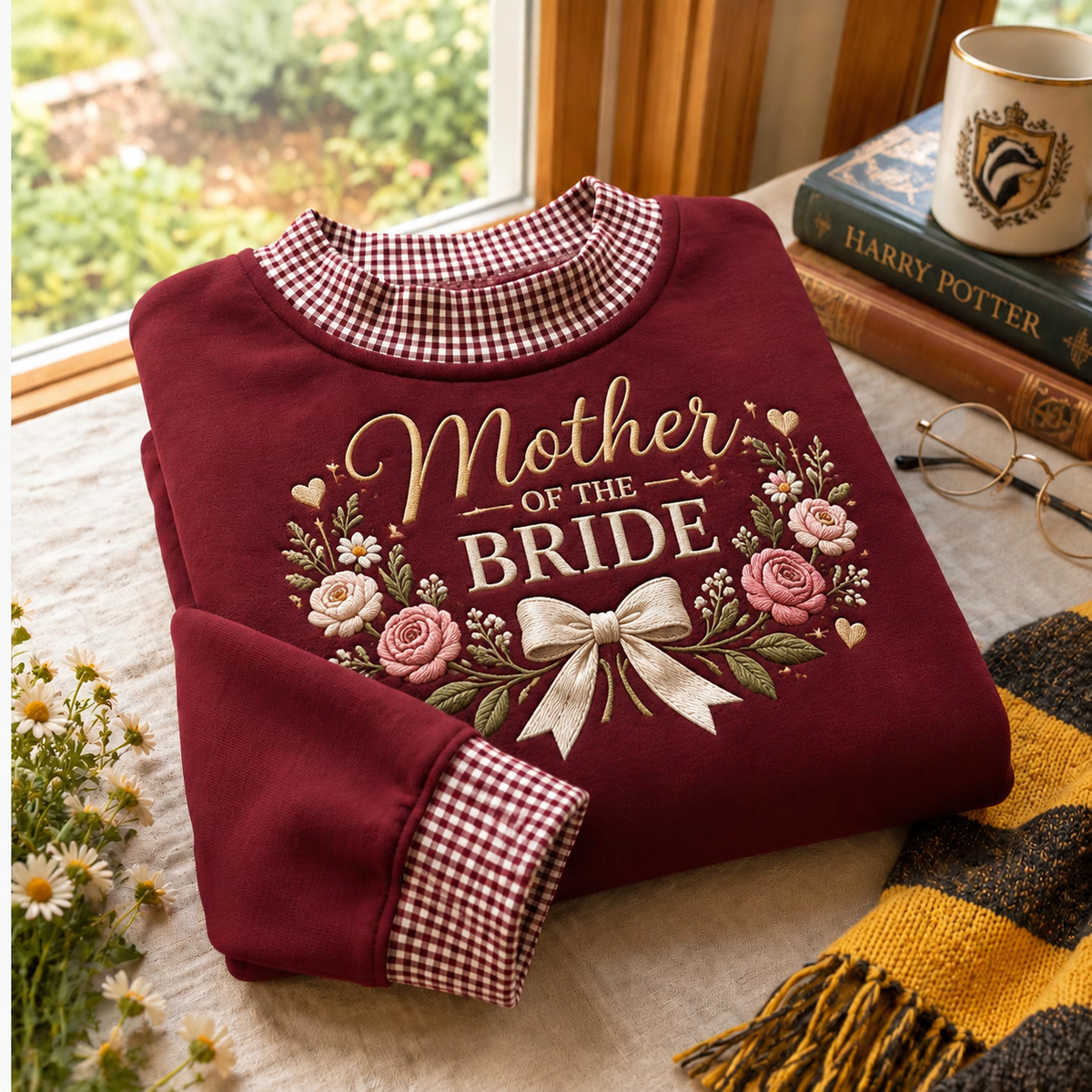 Gingham Sweatshirt LN Mother of the Bride, Soft Cotton Blend Pullover for Wedding Day and Bridal Shower