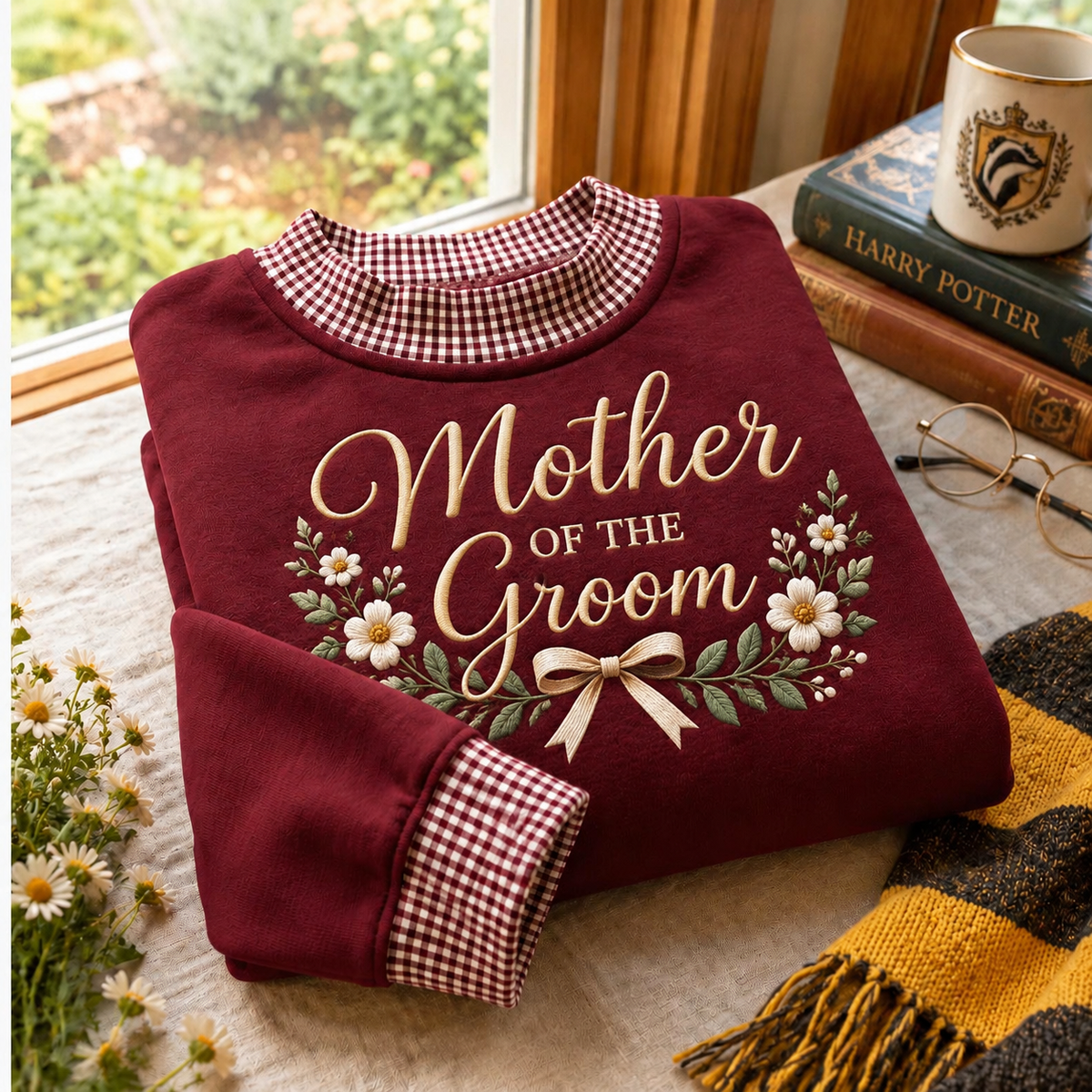 Gingham Sweatshirt LN Mother of the Groom, Cozy Cotton Blend Pullover for Wedding Celebrations and Family Photos